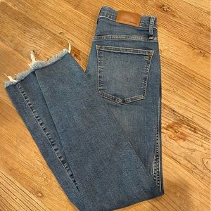 Madewell, straight leg medium wash high waisted jeans with distressed hem